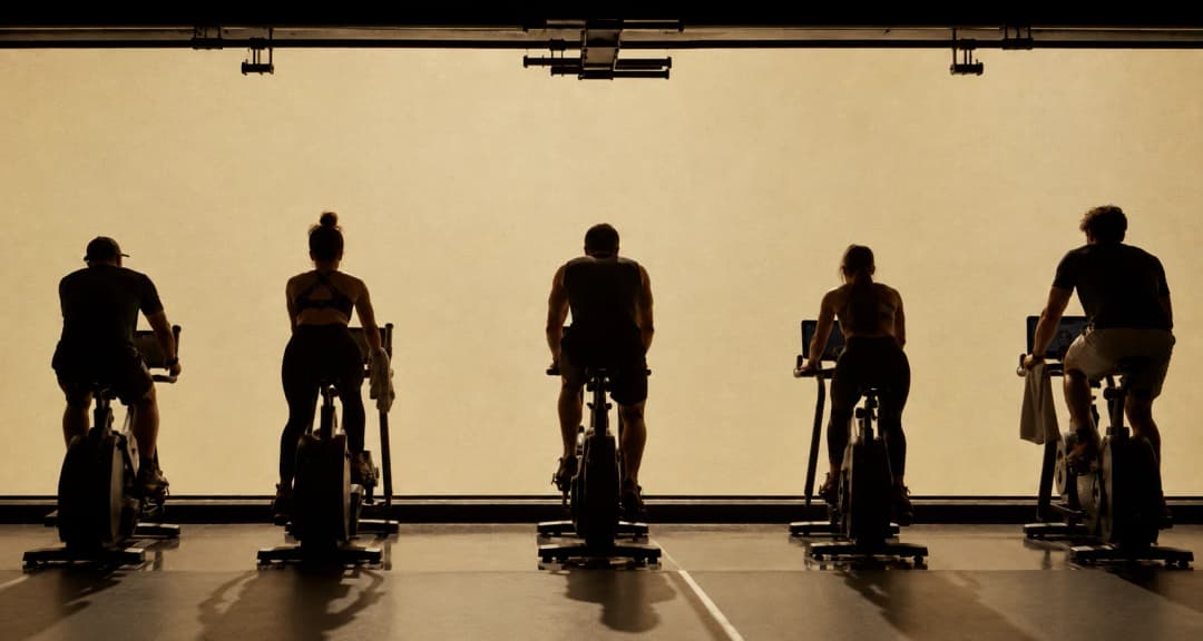 Silhouettes on bikes in a warm-lit studio