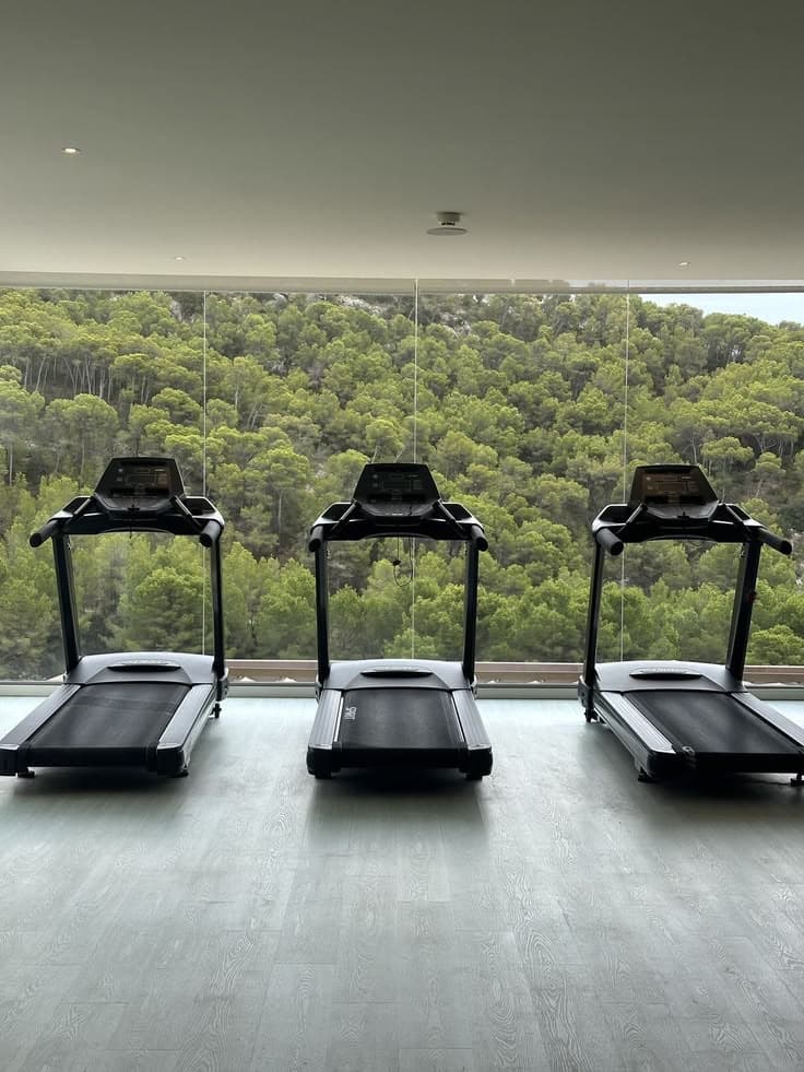 Three treadmills facing a forested hillside